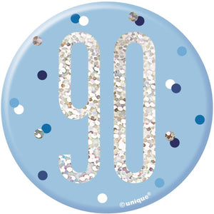 Blue and Silver Holographic 90th Birthday Badge 7cm