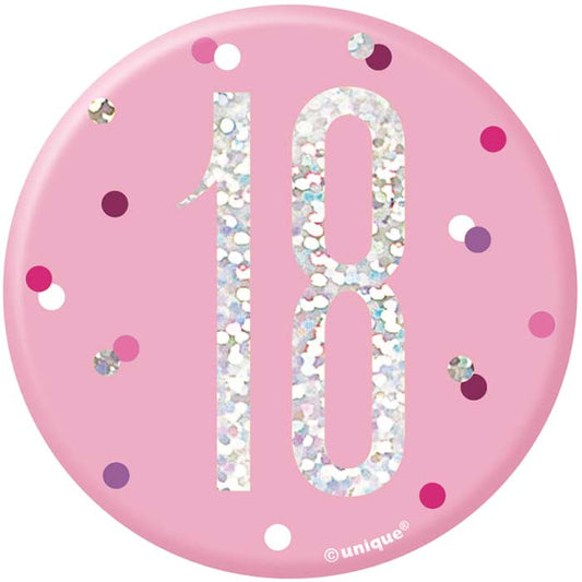 Pink and Silver Holographic 18th Birthday Badge | Party Save Smile