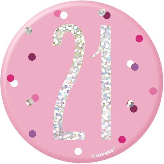 Pink and Silver Holographic 21st Birthday Badge | Party Save Smile