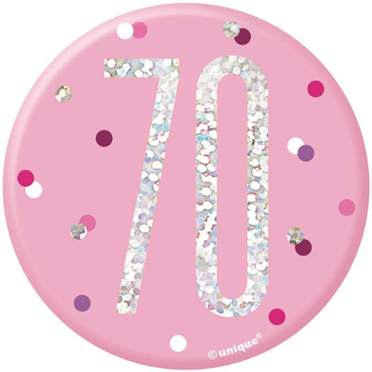 Pink and Silver Holographic 70th Birthday Badge | Party Save Smile