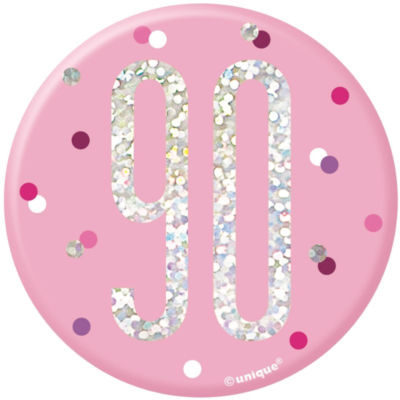 Pink and Silver Holographic 90th Birthday Badge | Party Save Smile