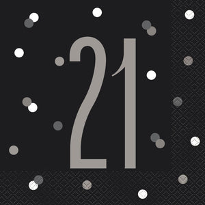 Black and Silver 21st Birthday Napkins Pack of 16 Serviettes