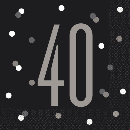 Black and Silver 40th Birthday Napkins Pack of 16 Serviettes | Party Save Smile