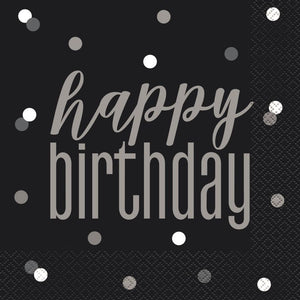 Black and Silver Happy Birthday Napkins Pack of 16 Serviettes