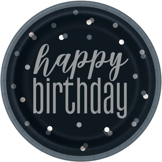 Black & Silver Paper Plates (Happy Birthday) | Party Save Smile