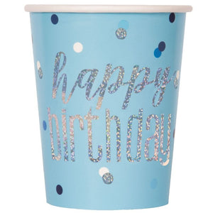 Silver & Blue Birthday Cups Happy Birthday Pack of 8