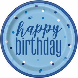 Blue and Silver Party Plates - Happy Birthday Pack of 8