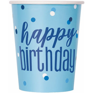 Blue and Silver Glitz Happy Birthday Party Cups Pack of 8