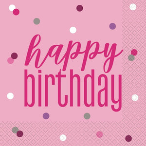 Pink and Silver Happy Birthday Napkins Pack of 16 Serviettes