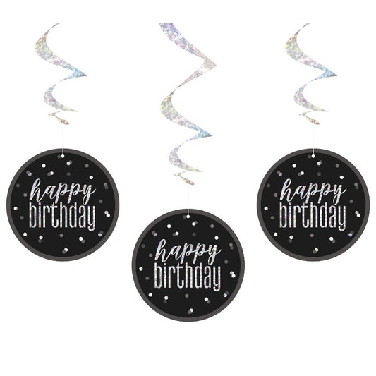 Black & Silver Happy Birthday Hanging Decorations | Party Save Smile