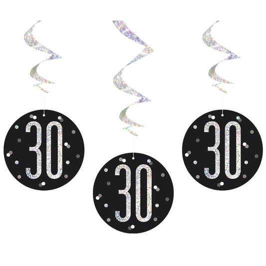 Black and Silver Holographic 30th Birthday Hanging Swirl Party Decorations