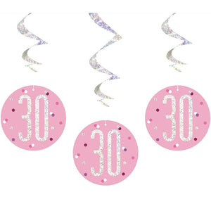 Pink & Silver 30th Birthday Hanging Decorations Pack of 6