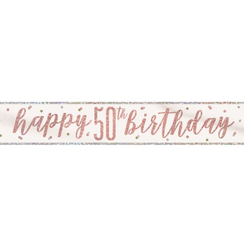 Rose Gold Holographic 50th Birthday Foil Banner Decoration | Party Save Smile