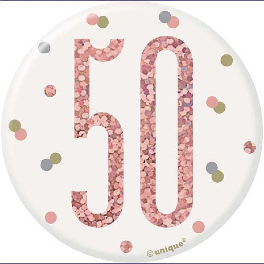 Rose Gold Holographic 50th Birthday Badge | Party Save Smile
