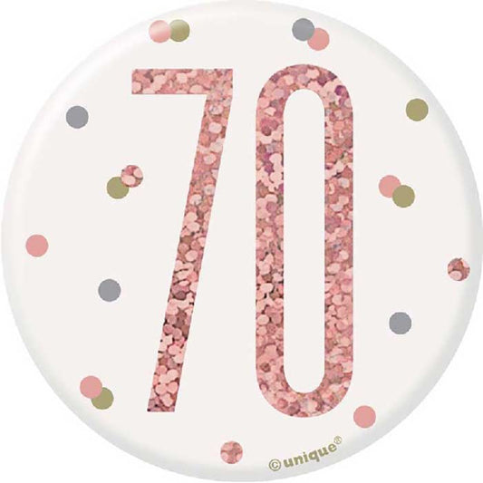 Rose Gold Holographic 70th Birthday Badge | Party Save Smile