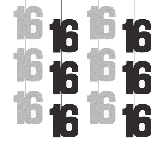 Black & Silver 16th Birthday Hanging String Decorations 6 Pack | Party Save Smile