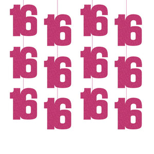Pink 16th Birthday Hanging String Decorations 6 Pack