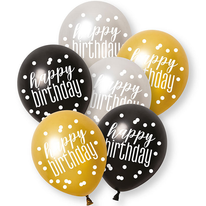 Black, Silver and Gold Happy Birthday Latex Balloons 6 Pack | Party Save Smile