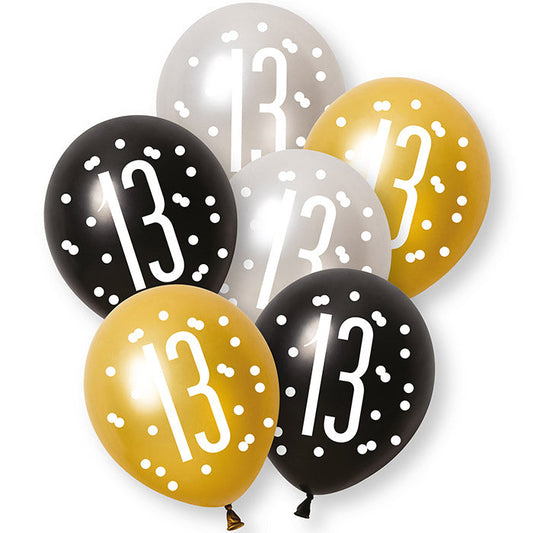 Black, Silver and Gold 13th Birthday Latex Balloons 6 Pack | Party Save Smile