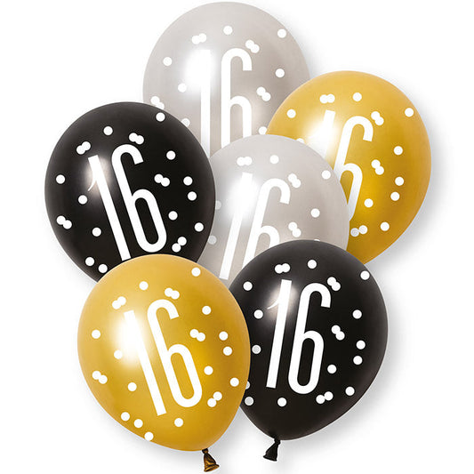 Black, Silver and Gold 16th Birthday Latex Balloons 6 Pack | Party Save Smile
