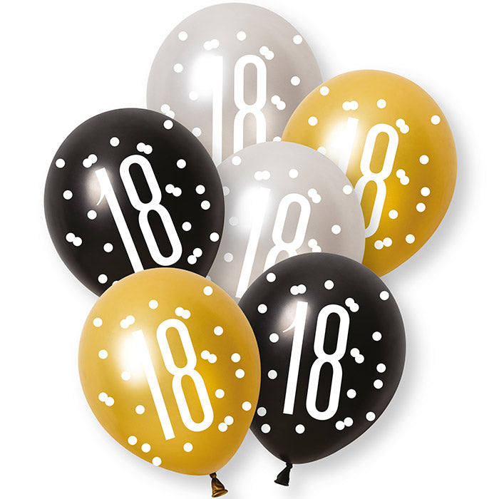 Black, Silver and Gold 18th Birthday Latex Balloons 6 Pack | Party Save Smile
