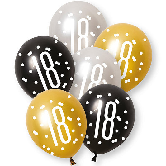 Black, Silver and Gold 18th Birthday Latex Balloons 6 Pack | Party Save Smile