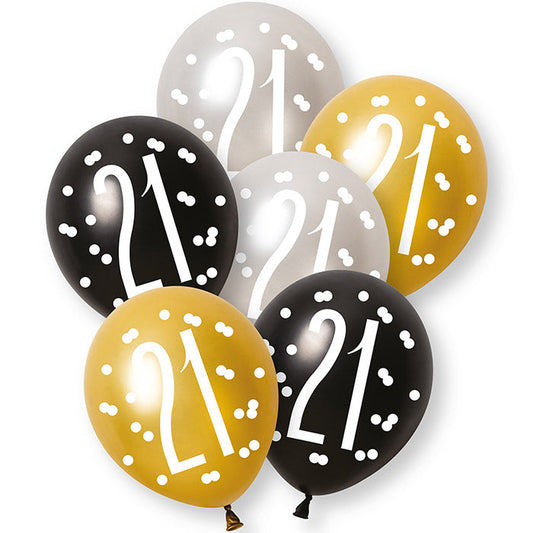 Black, Silver and Gold 21st Birthday Latex Balloons 6 Pack | Party Save Smile