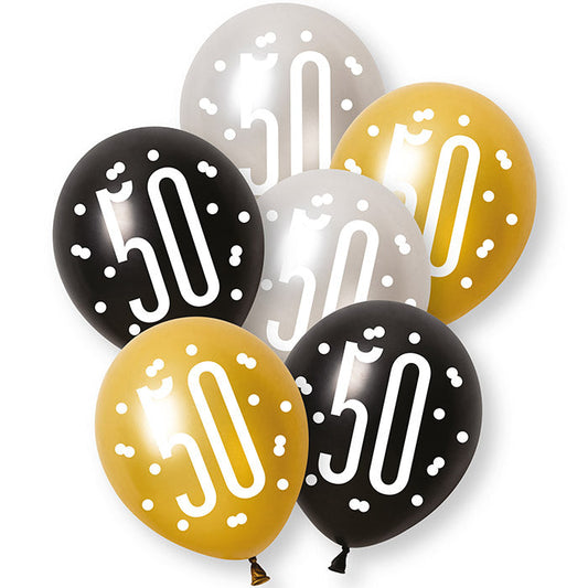 Black, Silver and Gold 50th Birthday Latex Balloons 6 Pack | Party Save Smile