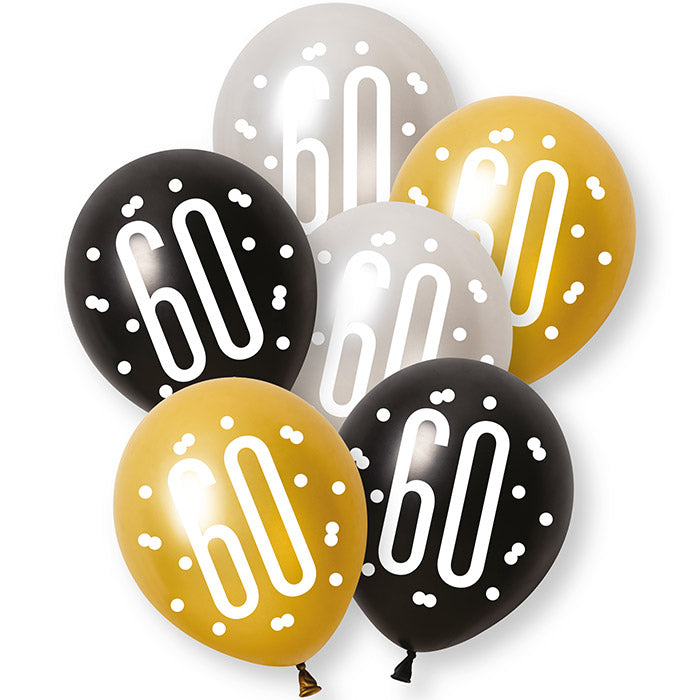 Black, Silver and Gold 60th Birthday Latex Balloons 6 Pack | Party Save Smile