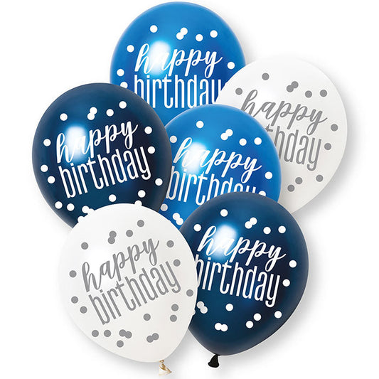 Blue and White Happy Birthday Latex Balloons 6 Pack | Party Save Smile