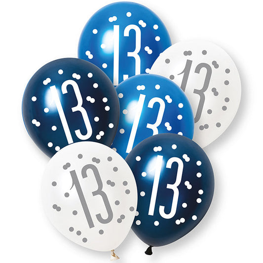 Blue and White 13th Birthday Latex Balloons 6 Pack | Party Save Smile