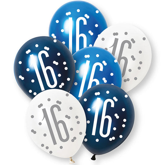Blue and White 16th Birthday Latex Balloons 6 Pack | Party Save Smile