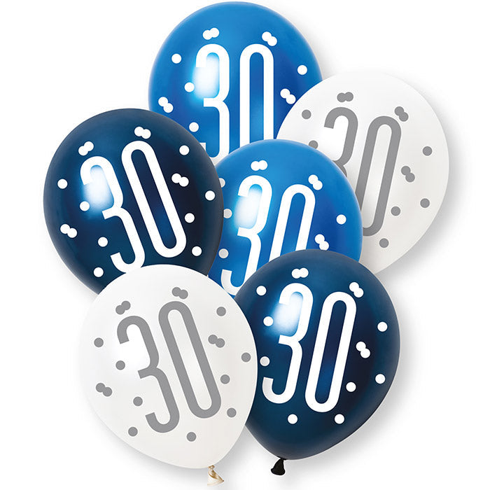Blue and White 30th Birthday Latex Balloons 6 Pack | Party Save Smile