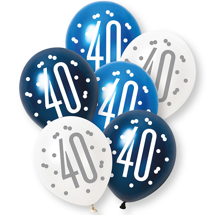 Blue and White 40th Birthday Latex Balloons 6 Pack | Party Save Smile
