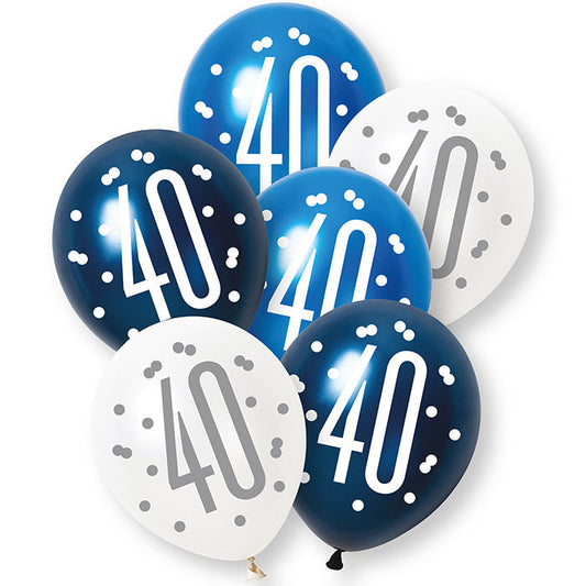 Blue and White 40th Birthday Latex Balloons 6 Pack | Party Save Smile