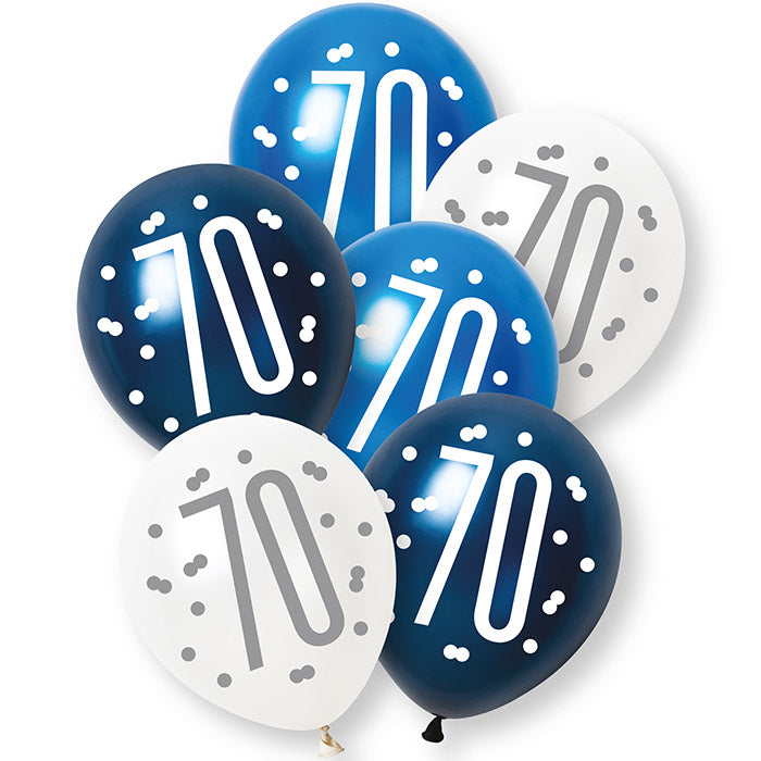 Blue and White 70th Birthday Latex Balloons 6 Pack | Party Save Smile