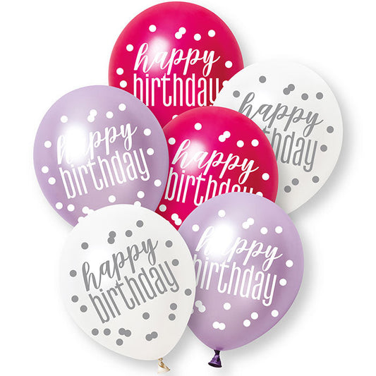 Pink, Purple and White Happy Birthday Latex Balloons 6 Pack | Party Save Smile