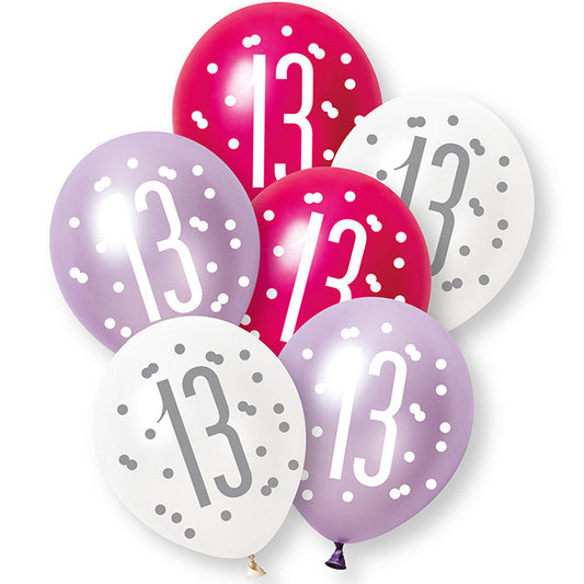 Pink, Purple and White 13th Birthday Latex Balloons 6 Pack | Party Save Smile