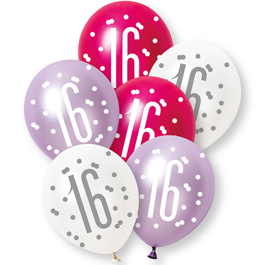 Pink, Purple and White 16th Birthday Latex Balloons 6 Pack | Party Save Smile