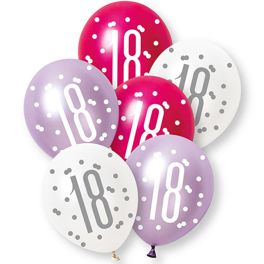 Pink, Purple and White 18th Birthday Latex Balloons 6 Pack | Party Save Smile