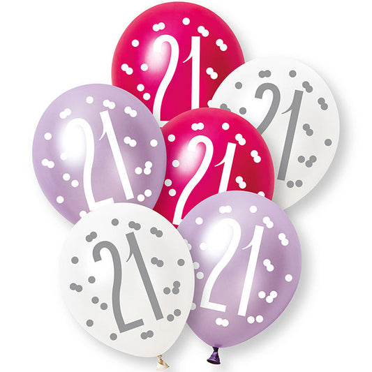 Pink, Purple and White 21st Birthday Latex Balloons 6 Pack | Party Save Smile