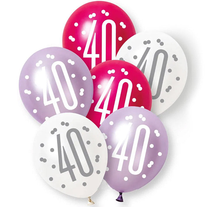 Pink, Purple and White 40th Birthday Latex Balloons 6 Pack | Party Save Smile