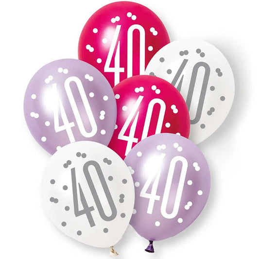 Pink, Purple and White 40th Birthday Latex Balloons 6 Pack | Party Save Smile