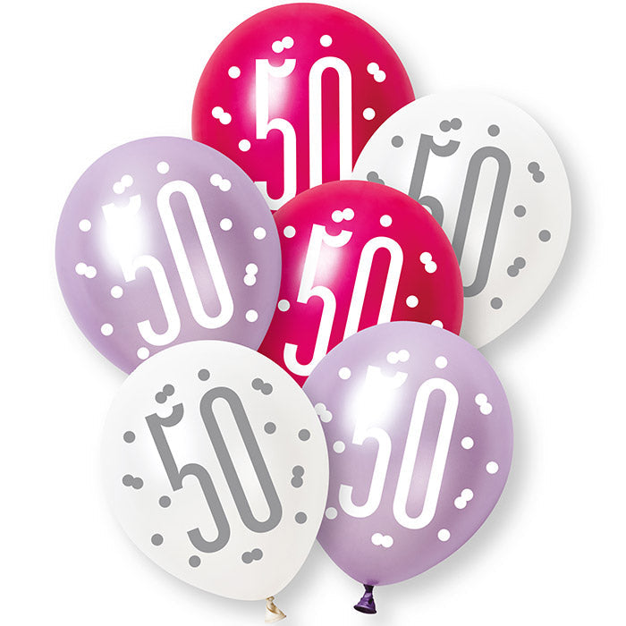 Pink, Purple and White 50th Birthday Latex Balloons 6 Pack | Party Save Smile
