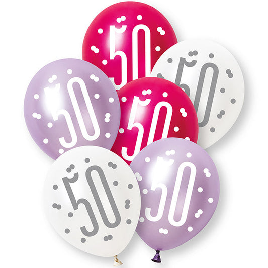 Pink, Purple and White 50th Birthday Latex Balloons 6 Pack | Party Save Smile