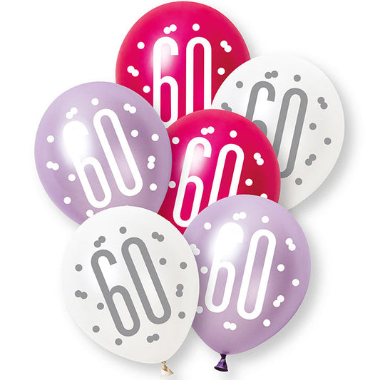 Pink, Purple and White 60th Birthday Latex Balloons 6 Pack | Party Save Smile