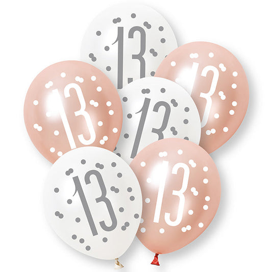 Rose Gold and White 13th Birthday Latex Balloons 6 Pack | Party Save Smile