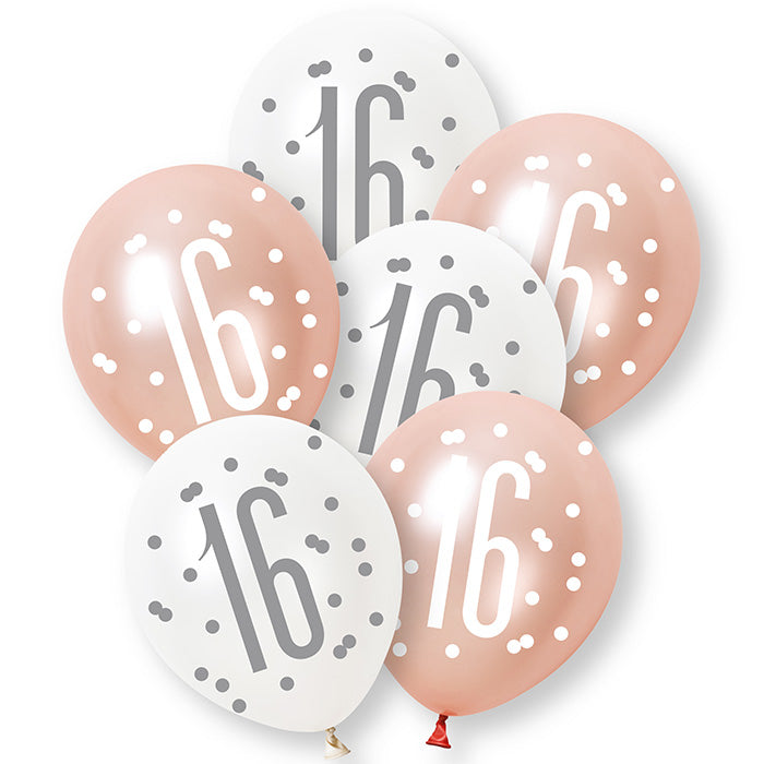 Rose Gold and White 16th Birthday Latex Balloons 6 Pack | Party Save Smile