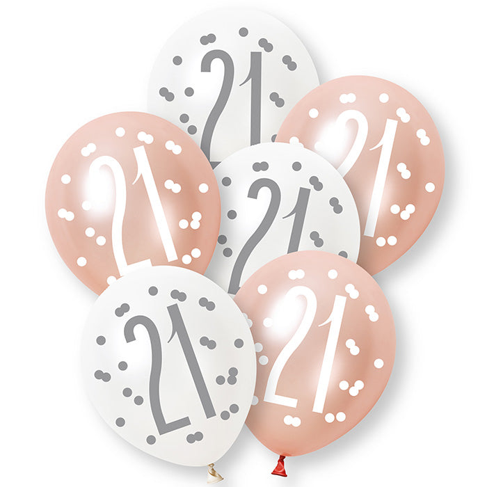 Rose Gold and White 21st Birthday Latex Balloons 6 Pack | Party Save Smile
