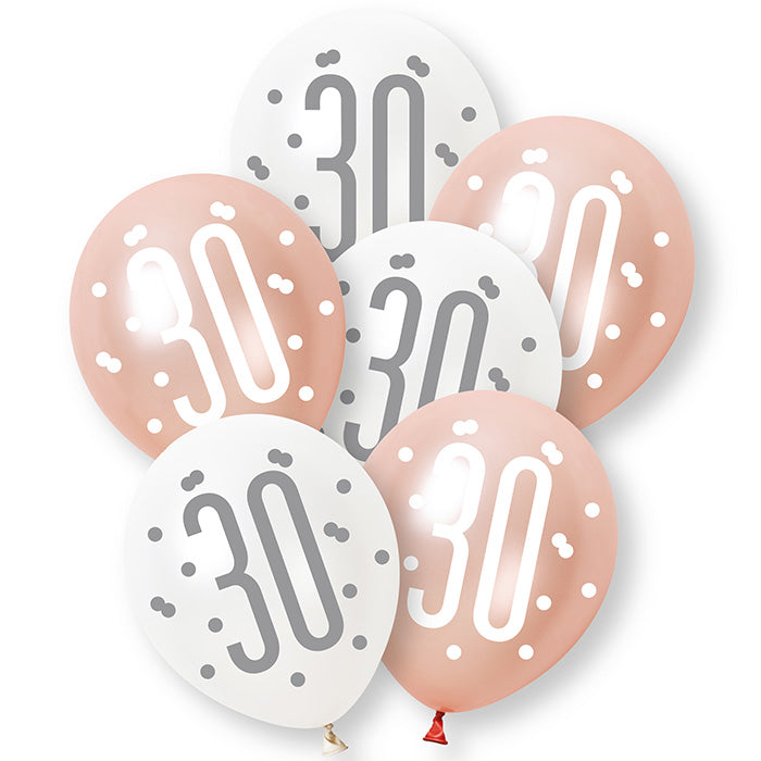 Rose Gold and White 30th Birthday Latex Balloons 6 Pack | Party Save Smile